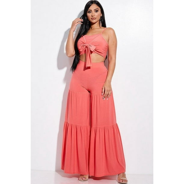 Conjunto de Dos Piezas con Camiseta sin Mangas con Tirantes Finos y Pantalones Anchos Escalonados con Lazo en la Parte Delantera