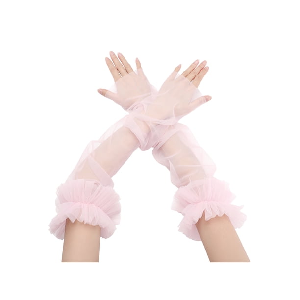 INSPIRE CHIC Guantes sin dedos de malla transparente con mangas largas de tul con volantes para mujer para boda 1 par rosa talla única