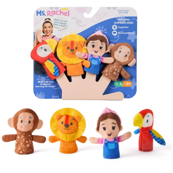 Marionetas de dedo de la Sra. Rachel, paquete de 4, con león, mono y loro.