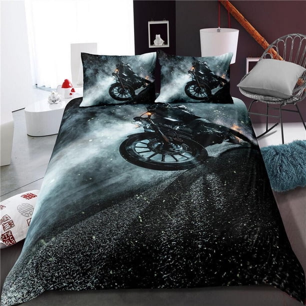 Racing Motorcycle Motorbike Fire Black Quilt Duvet Cover Set Kids Bed Linen3-Piece Bedding Set
