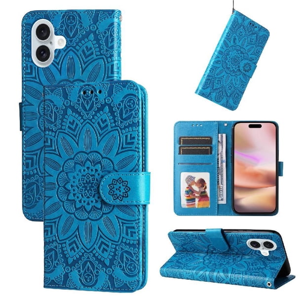 Funda tipo cartera FOXDOCK para iPhone 16 Plus , diseño girasol en relieve, cuero PU, cierre magnético, soporte y tarjetero