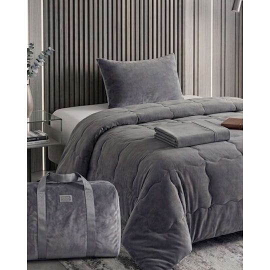 Imac Hogar - Juego De Dormitorio Premium Velvet Cubrecama Sábana Bajera Y Bolso Plaza Y Media 180x230 Cm