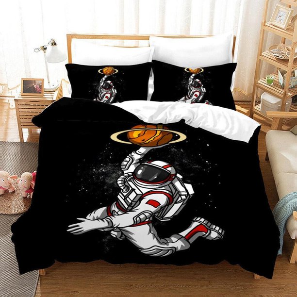 Astronaut Shooting Basketball Black Quilt Duvet Cover Set Kids3-Piece Bedding Set