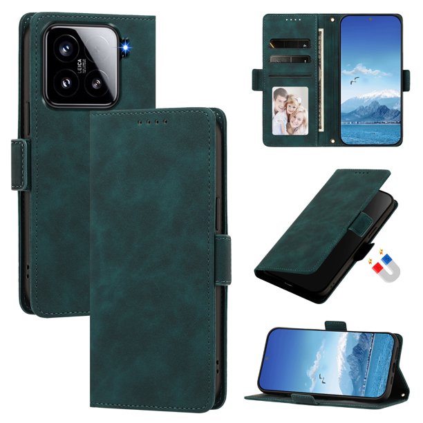 Funda Billetera Delgada para Xiaomi 15 con Ranuras y Soporte Verde oscuro