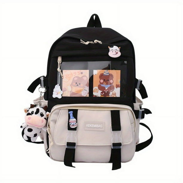 Get Ready for School with Our Kawaii Colorblock Backpack - Cute Cartoon Nylon Bookbag with Clear Front Pocket