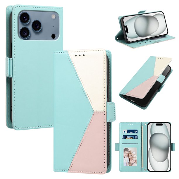 Funda con Solapa para iPhone 17 Pro, Diseño Tricolor con Ranuras, Verde