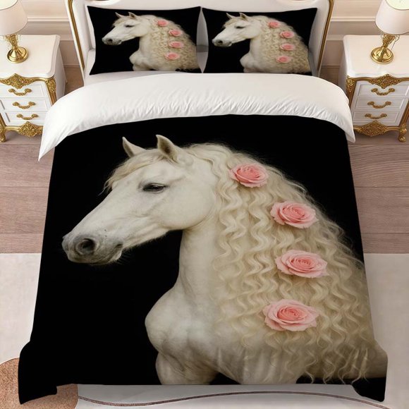 White Horse Rose Print Bedding Set Exquisite Pattern Duvet Cover and Pillowcases