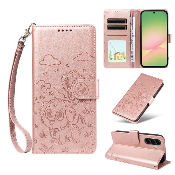 Funda Cartera para Samsung Galaxy A57 Perro Cachorro Grabado con Tarjetas Soporte Correa Rosa