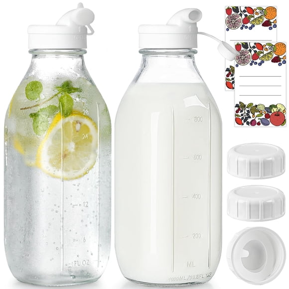 Botella de Leche de Vidrio Syntic 1L con 3 Tapas y 2 Dispensadores, Paquete de 2