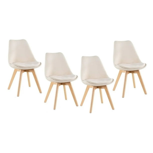 Pack 4 Sillas De Comedor Tulip Tapizado Terciopelo O Felpa Con Base Madera - Beige