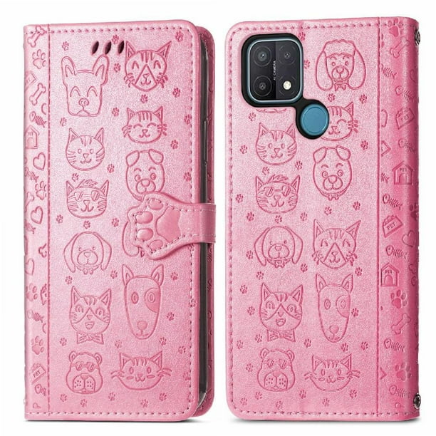 Funda Cartera FOXDOCK para OPPO A15 , Flip PU con Relieve de Gatos y Perros, Tarjetero y Soporte