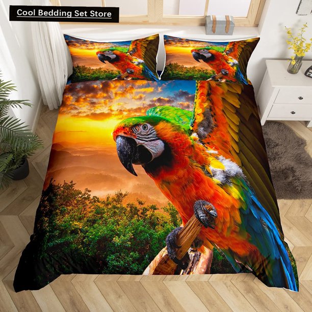 Parrot Duvet Cover Colourful Feather Bedding Set Rain Trees Bird Quilt Cover Sunset Mountain Natural Comforter Cover Bed Sheets