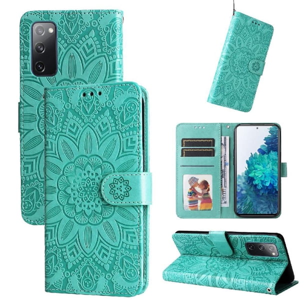 Funda tipo cartera FOXDOCK para Samsung Galaxy S20 FE , diseño girasol en relieve, cuero PU, cierre magnético, soporte y tarjetero