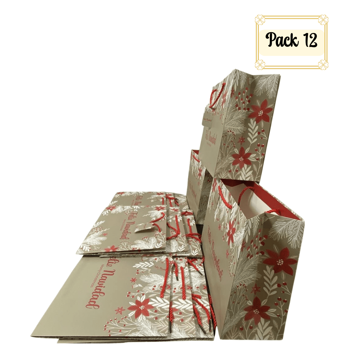 Genérico - Pack 12 Bolsas De Regalo 26 Cm X 32 Cm Beige Con Rojo Navidad 2025