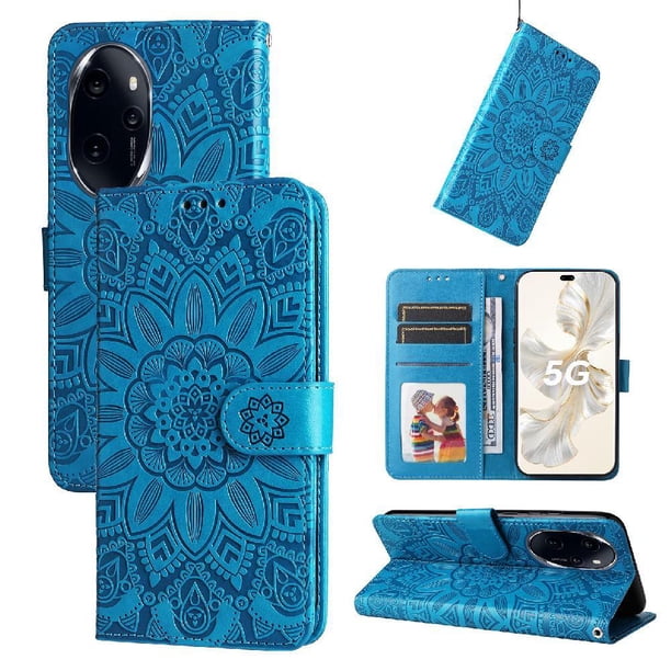 Funda tipo cartera FOXDOCK para Honor 100 Pro , diseño girasol en relieve, cuero PU, cierre magnético, soporte y tarjetero