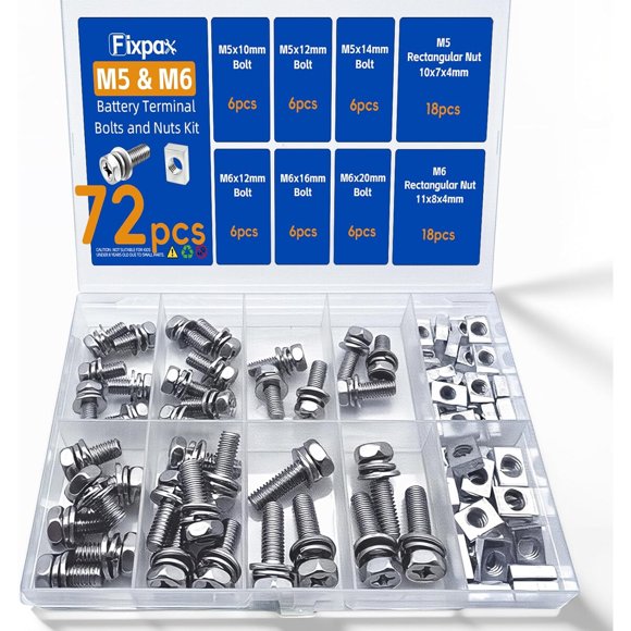 Kit de Pernos y Tuercas para Terminal de Batería Fixpax, 72 Piezas