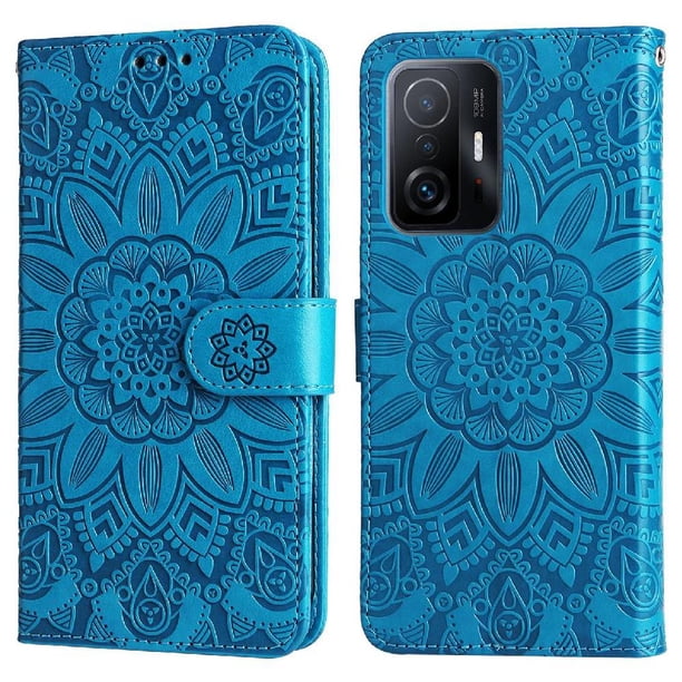 Funda tipo cartera FOXDOCK para Xiaomi 11T Pro , diseño girasol en relieve, cuero PU, cierre magnético, soporte y tarjetero