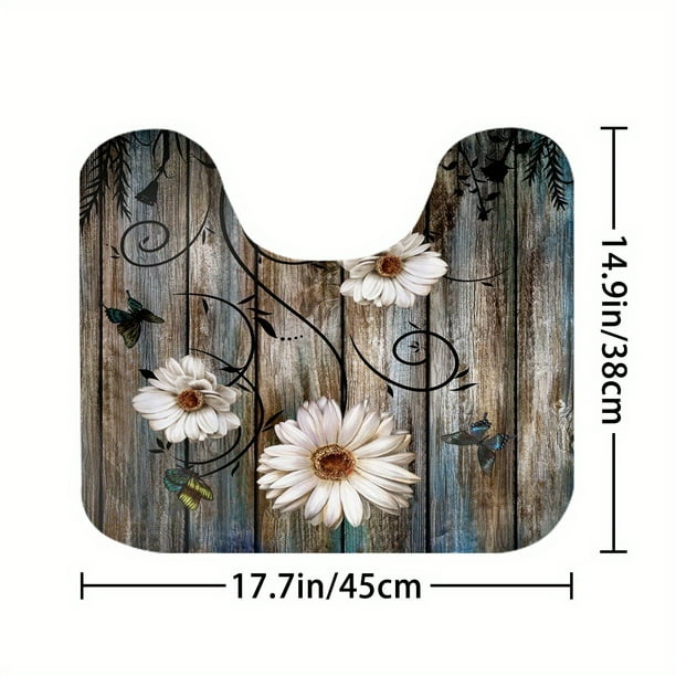 1pc Wooden Door & Flower Waterproof Shower Curtain With 12 Hooks, Non-Slip Bathroom Rug, Toilet U-Shape Mat, Toilet Lid Cover Pad, Bathroom Decor