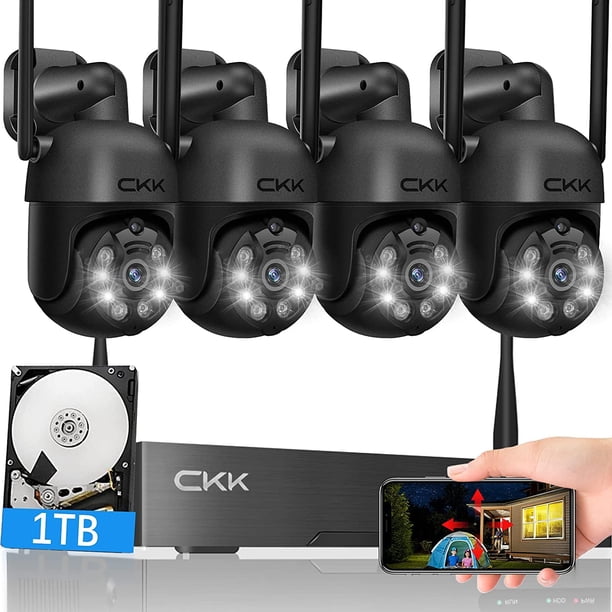 Sistema de cámaras de seguridad CKK de 10 canales, 3 MP, 4 cámaras PTZ, disco duro de 1 TB