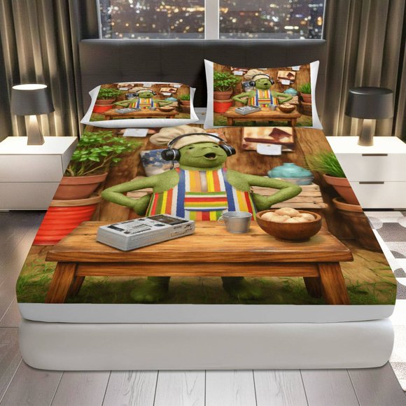 Retro Music Chef Fitted Sheet Three Piece Set Everyday Theme, Cozy Bedroom Decor Bedding, Mattress Protector Soft, Breathable