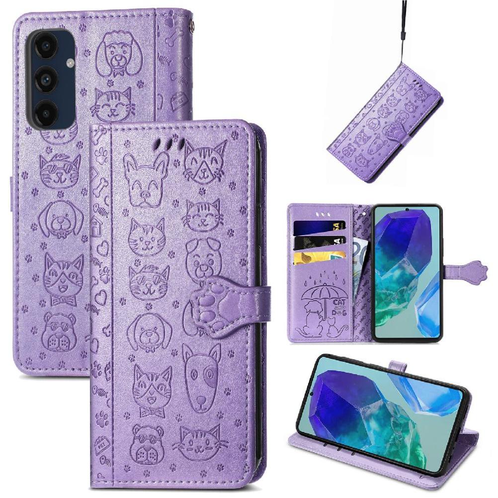 Funda Cartera Foxdock Para Samsung Galaxy M55 5G , Flip Pu Con Relieve De Gatos Y Perros, Tarjetero Y Soporte