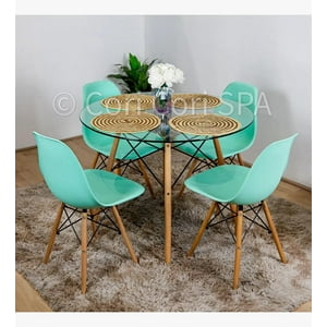 Genérico - Comedor Mesa Vidrio 80Cms + 4 Sillas Eames Replica Color Menta