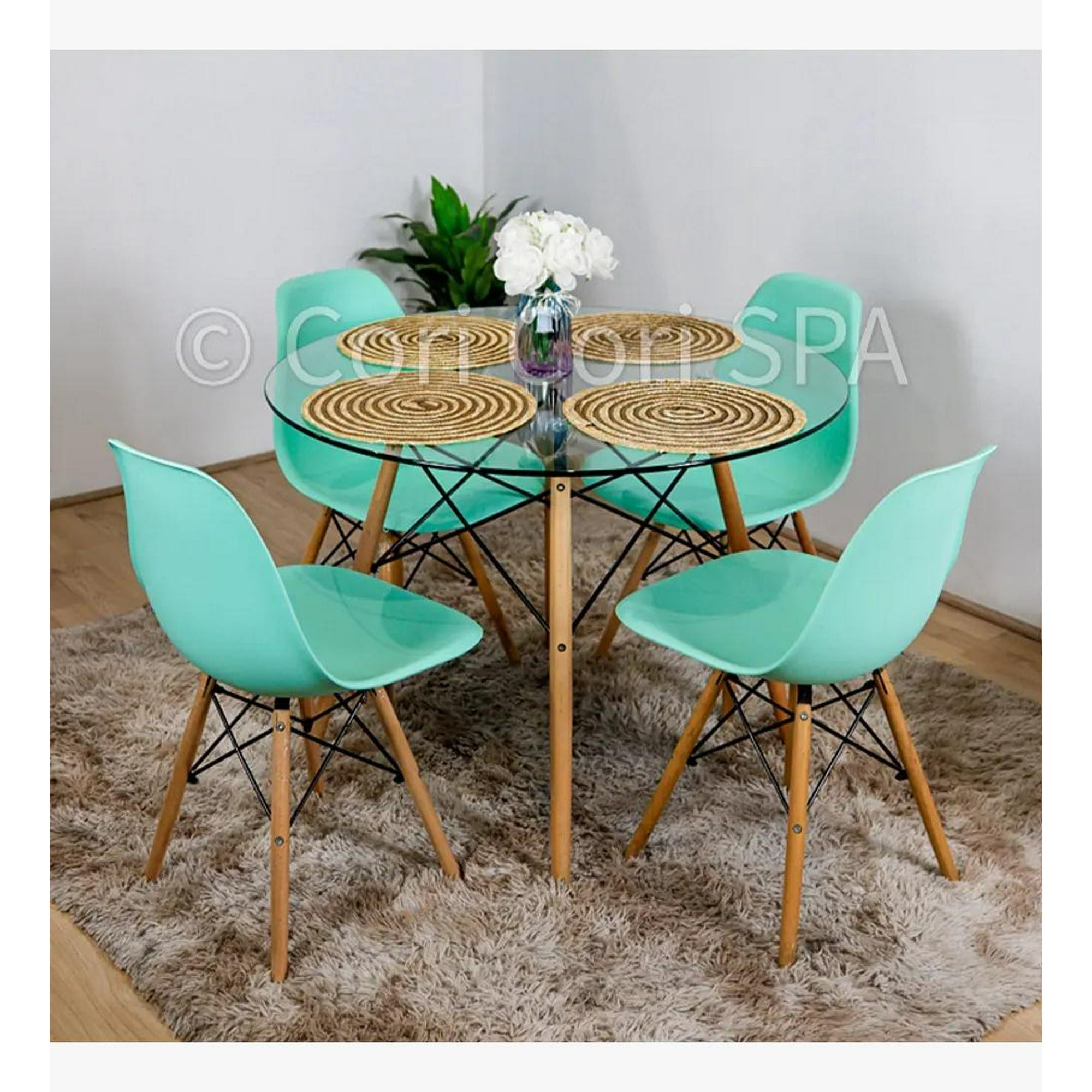 Genérico - Comedor Mesa Vidrio 80cms + 4 Sillas Eames Replica Color Menta