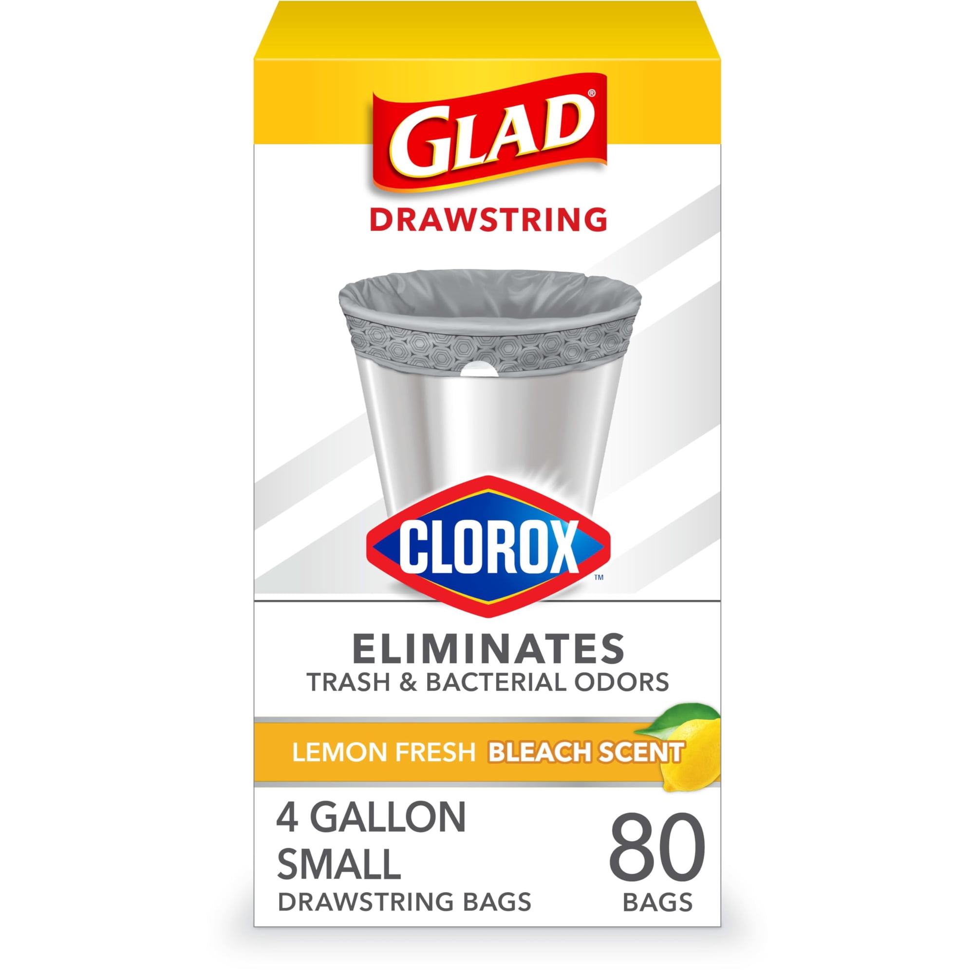 Bolsas De Basura Glad Con Cordón Pequeño Con Clorox, 4 Litros, Limón, 80 Unidades