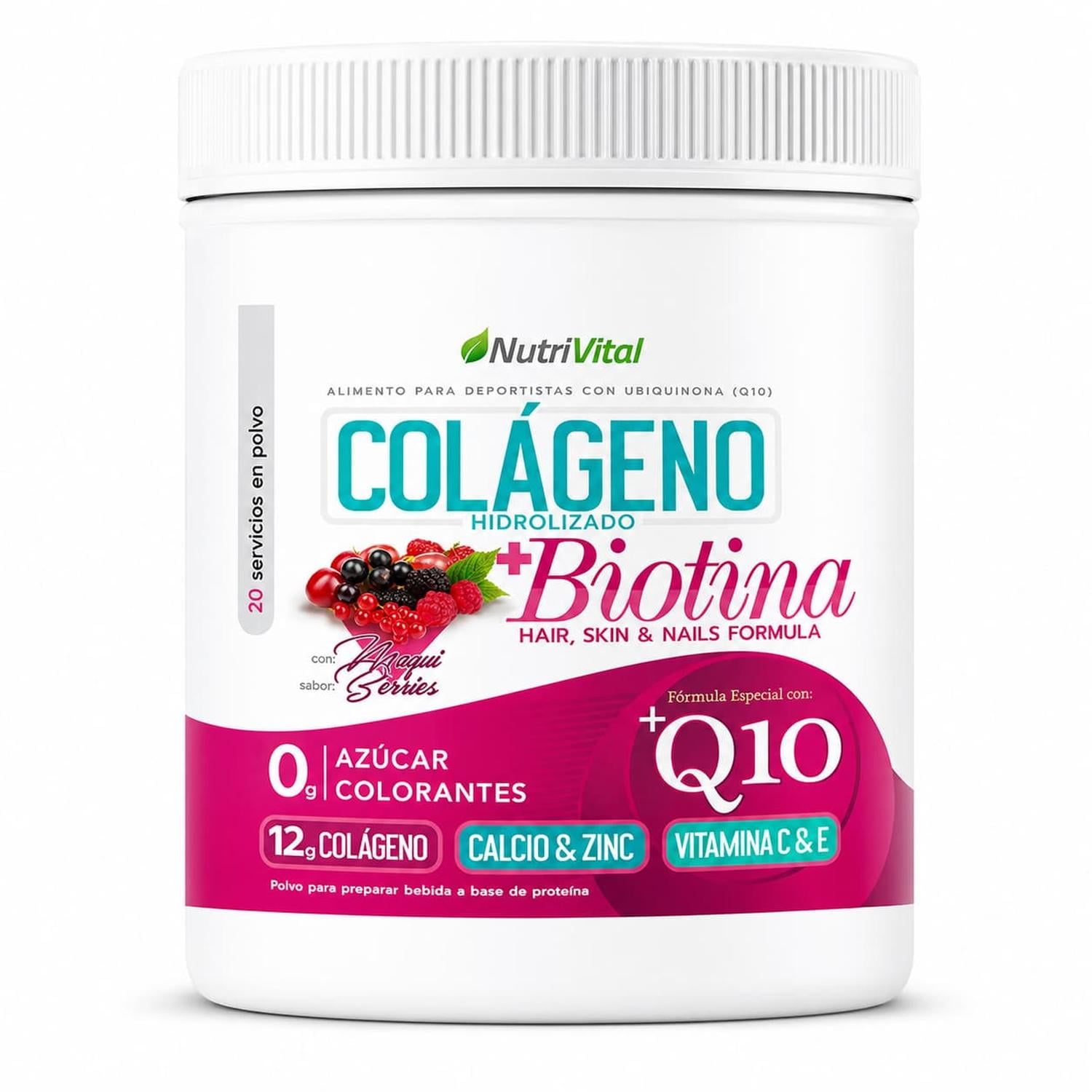 Colágeno Hidrolizado 12g + Biotina + Coenzima Q10 300 Grs Nutrivital