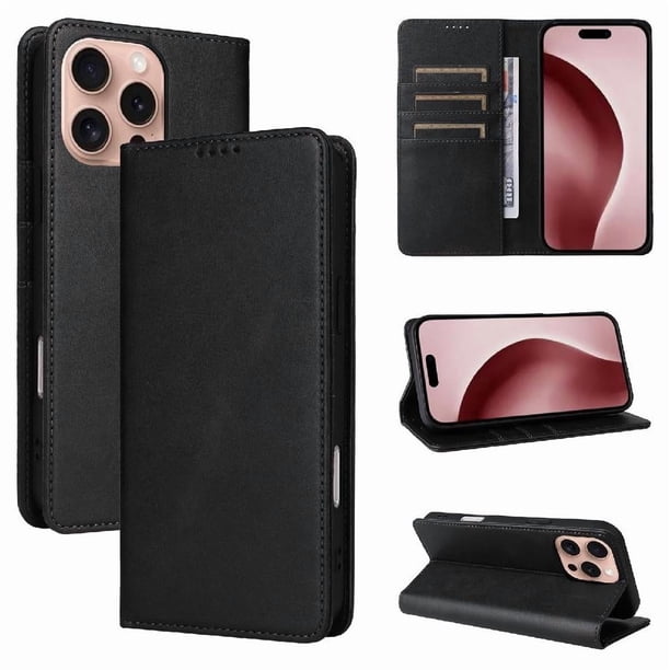 Funda Cartera para iPhone 16 Pro con Ranuras Tarjetas y Soporte - Protección Completa Negro