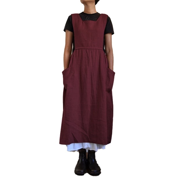 Vestido informal holgado de lino y algodón para mujer, con tirantes largos, estilo pichi, con bolsillos