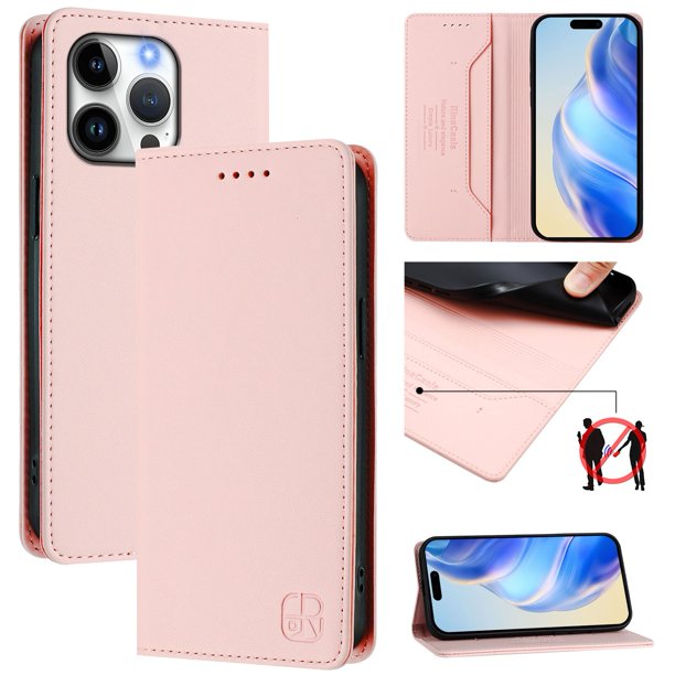 Funda Billetera con Soporte para iPhone 16 Pro Max Bloqueo RFID Plegable Rosa