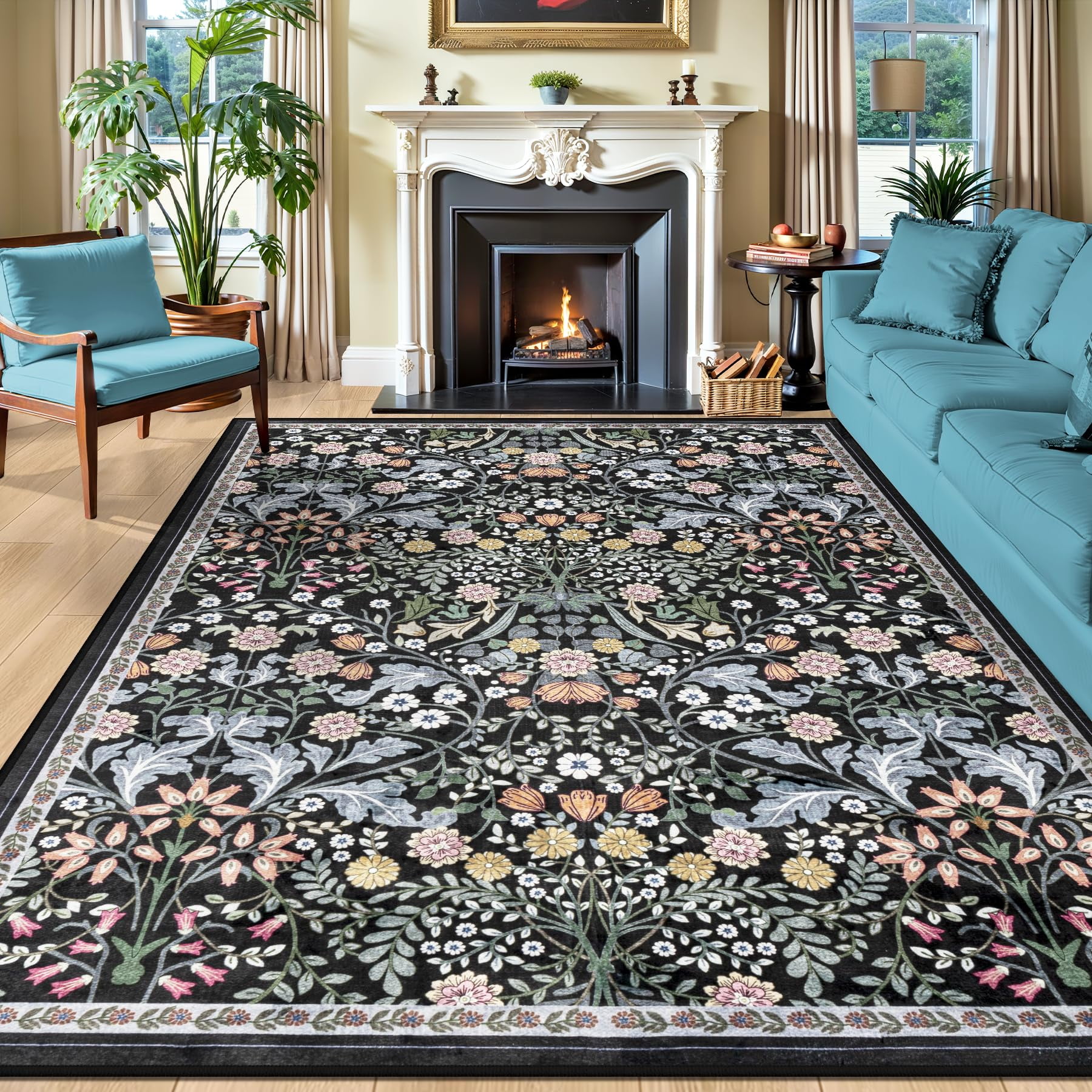 Alfombra De Área Plhxfr 244 X 183 Cm Floral Vintage Suave Antideslizante