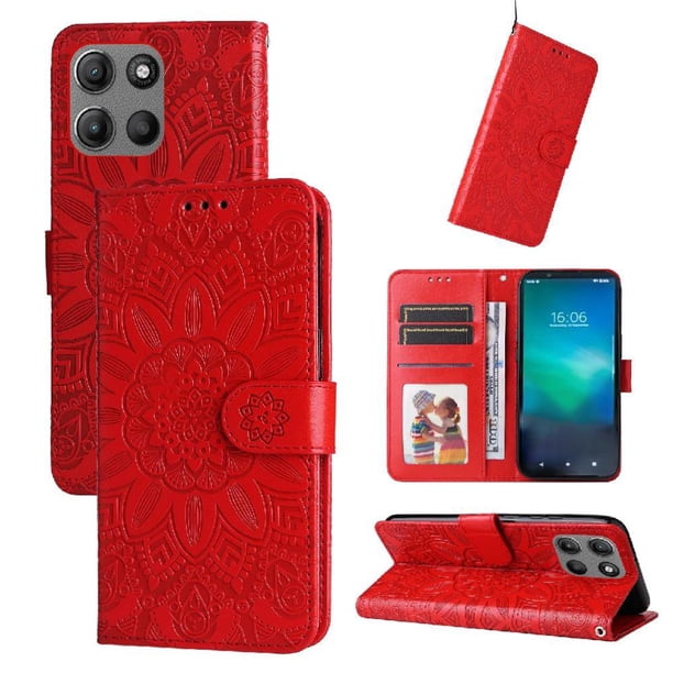 Funda tipo cartera FOXDOCK para Motorola Moto G15 Power , diseño girasol en relieve, cuero PU, cierre magnético, soporte y tarjetero