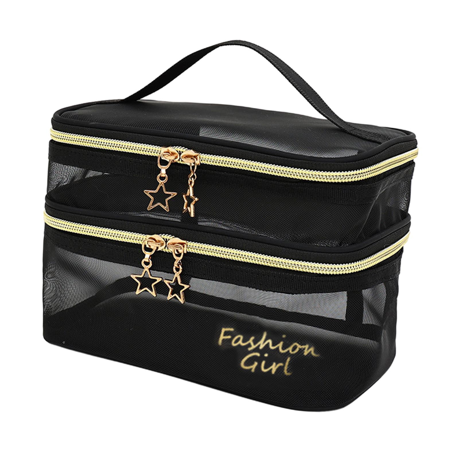 Magideal - Neceser De Doble Capa Para Mujer, Bolsa De Maquillaje, Organizador De Cosméticos Para Baño, Accesorios, Artículos De Tocador, Barniz De Uñas De Aceite Negro Con Palabras