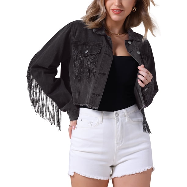 Chaqueta de Mujer INSPIRE CHIC Recortada de Jean con Flecos, Manga Larga, Dobladillo Deshilachado, Adorno de Borlas, Chaqueta de Denim M Negra