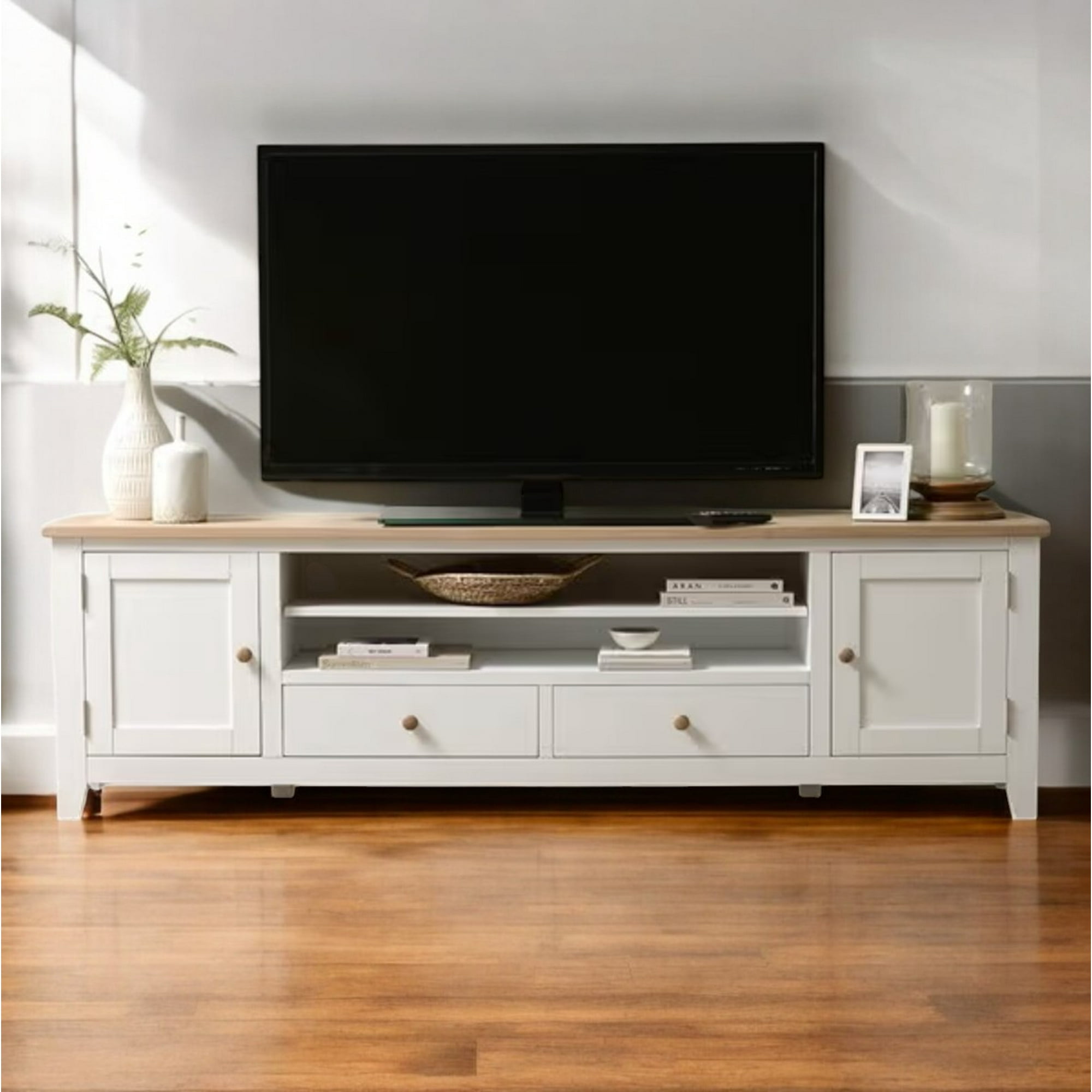 Arca Muebles - Rack De Tv De Madera 180x40x65 Color Blanco Cubierta Natural
