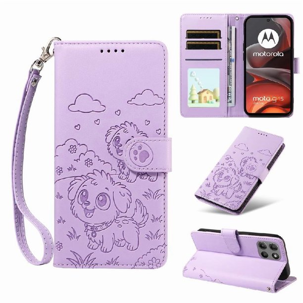 Funda Cartera para Motorola Moto G15/G15 Power Perro Cachorro Grabado con Tarjetas Soporte Correa Morado