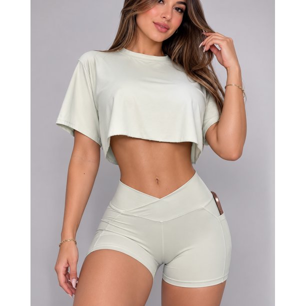 Conjunto Deportivo Mujer Short Pretina Cruzada Y Polera Crop