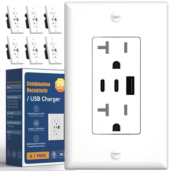Enchufe USB Amico 6.0A de 3 puertos, paquete de 6, blanco, 20 A
