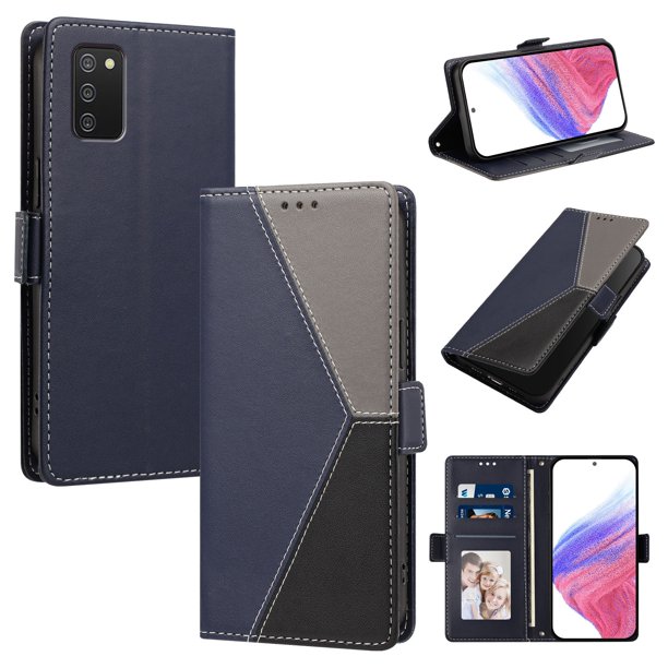 Cartera para Samsung Galaxy A02s en PU Tricolor, Funda con Solapa, Azul Oscuro
