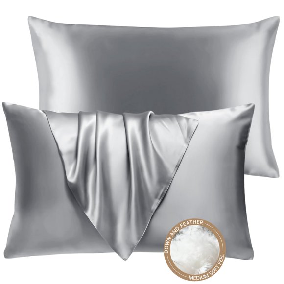 Set de 2 almohadas BHZ King con fundas de satén gris de plumón de ganso