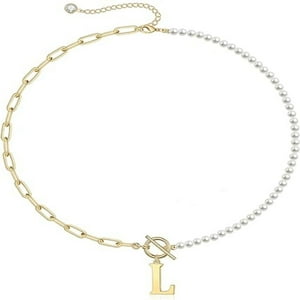 Collar Heshpaws Gold Initial Pearl 14K Gold Plated Paperclip Link Chain A-Z