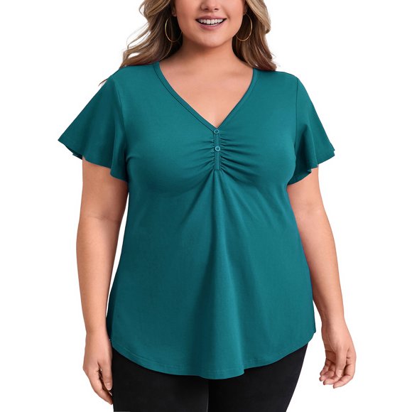 GRACE & GRANDEUR Blusa de Mujer Talla Grande con Botones Decorativos Cuello en V Mangas Volantes Blusas con Pliegues al Frente Elegantes y Casual 4X Verde Azulado
