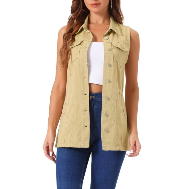 INSPIRE CHIC Chaleco de Mezclilla sin Mangas para Mujer con Botones, Largo Medio, Casual, Color Caqui, Talla S