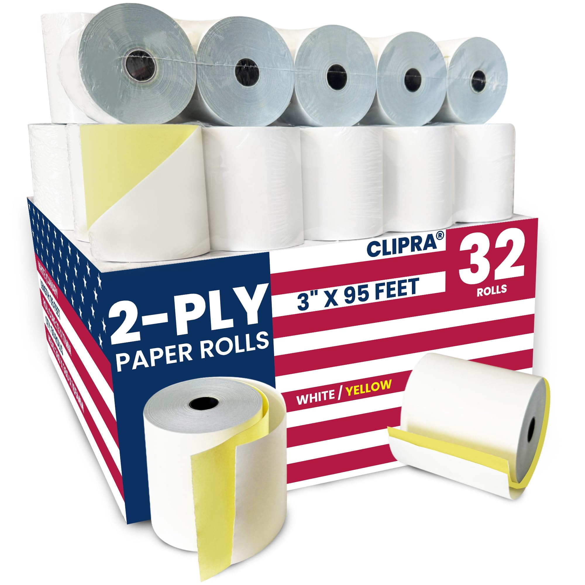 Clipra - Papel Para Impresora De Cocina De 2 Capas (32 Rollos), Blanco/amarillo, Sin Carbono