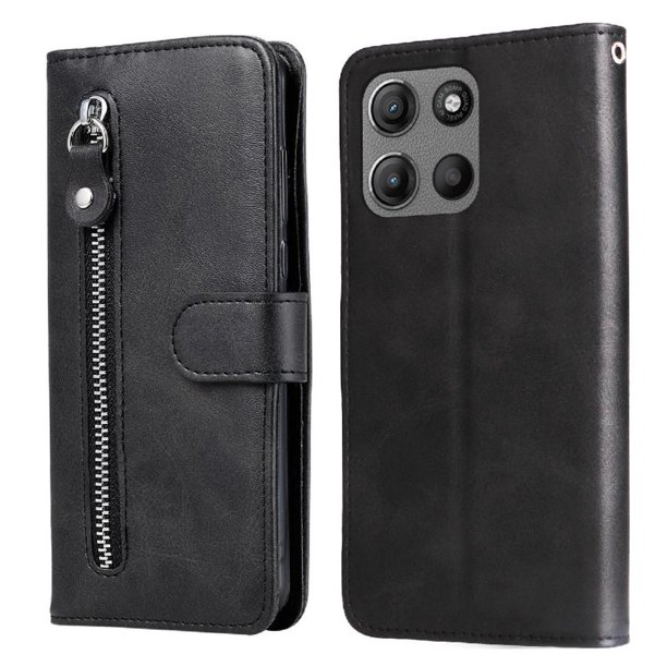 Funda tipo cartera para Motorola Moto G15 Power con bolsillo con cremallera y ranuras para tarjetas – Función de soporte Negro