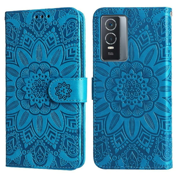 Funda tipo cartera FOXDOCK para Vivo Y76s , diseño girasol en relieve, cuero PU, cierre magnético, soporte y tarjetero