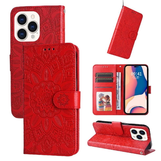 Funda tipo cartera FOXDOCK para iPhone 14 Pro , diseño girasol en relieve, cuero PU, cierre magnético, soporte y tarjetero
