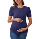 thumbnail image 1 of INSPIRE CHIC Blusa de maternidad para mujer de punto acanalado con mangas cortas abullonadas, camiseta fruncida para sesión de fotos de ducha, M Azul Marino, 1 of 5